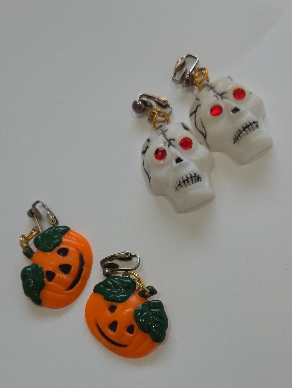 Halloween ClipOn Earring Bundle 2-Sets Orange Pumpkin & White Skeleton wRed Eyes